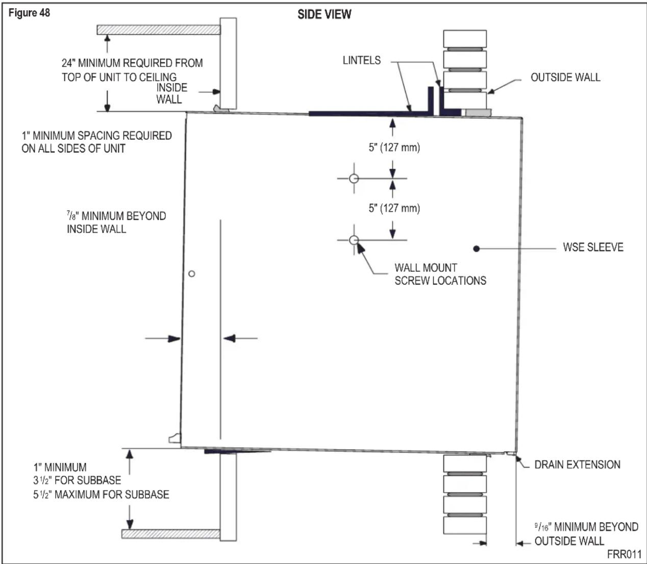 Figure 48 SIDE VIEW 24" MINIMUM REQUIRED FROM TOP OF UNIT TO CEILING INSIDE WALL LINTELS OUTSIDE WALL 1" MINIMUM SPACING REQUIRED ON ALL SIDES OF UNIT 7/8" MINIMUM BEYOND INSIDE WALL 5" (127 mm) 5" (127 mm) WALL MOUNT SCREW LOCATIONS WSE SLEEVE 1" MINIMUM 3 ½" FOR SUBBASE 5 ½" MAXIMUM FOR SUBBASE DRAIN EXTENSION 5/16" MINIMUM BEYOND OUTSIDE WALL FRR011
