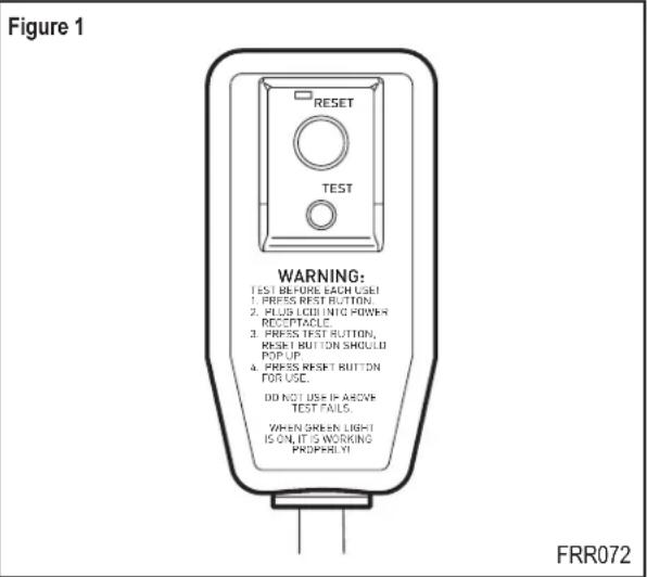Figure 1 WARNING: TEST BEFORE EACH USE! 1. PRESS REST BUTTON. 2. PLUS LOUIING POWER RECEPTACLE. 3. PRESS TEST BUTTON, RESET BUTTON SHOULD POP UP. 4. PRESS RESET BUTTON FOR USC. DO NOT USE IF ABOVE TEST FAILS. WHEN GREEN LIGHT IS ON IT IS WORKING PROBABLY! FRR072