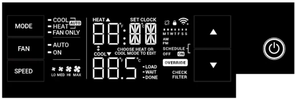 MODE COOL AUTO HEAT FAN ONLY AUTO ON SPEED LO MED HI MAX HEAT SET CLOCK 88:88 COOL CHOOSE HEAT OR COOL MODE TO EDIT 88.5 °F °C -LOAD -WAIT -DONE CHECK FILTER MTWTFSS AM PM SCHEDULE OFF ON OVERRIDE