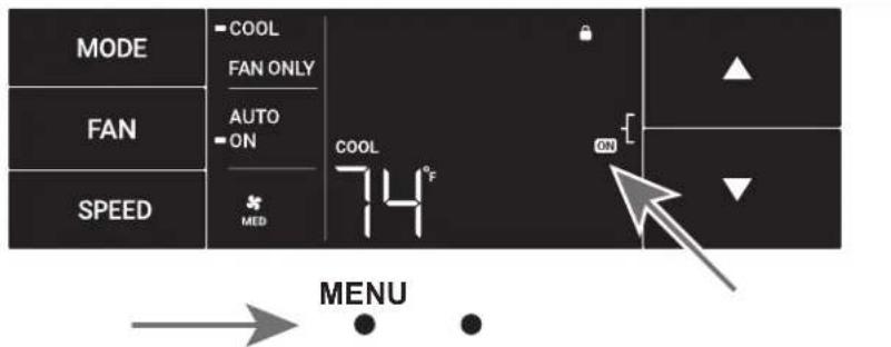MODE COOL FAN ONLY AUTO ON SPEED MED 74°F ON MENU