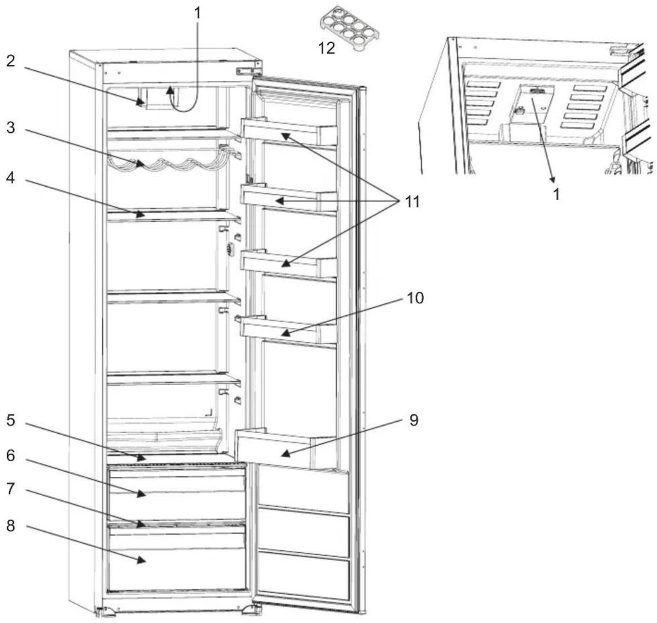 Technical diagram of a refrigerator with numbered parts and labeled interior components