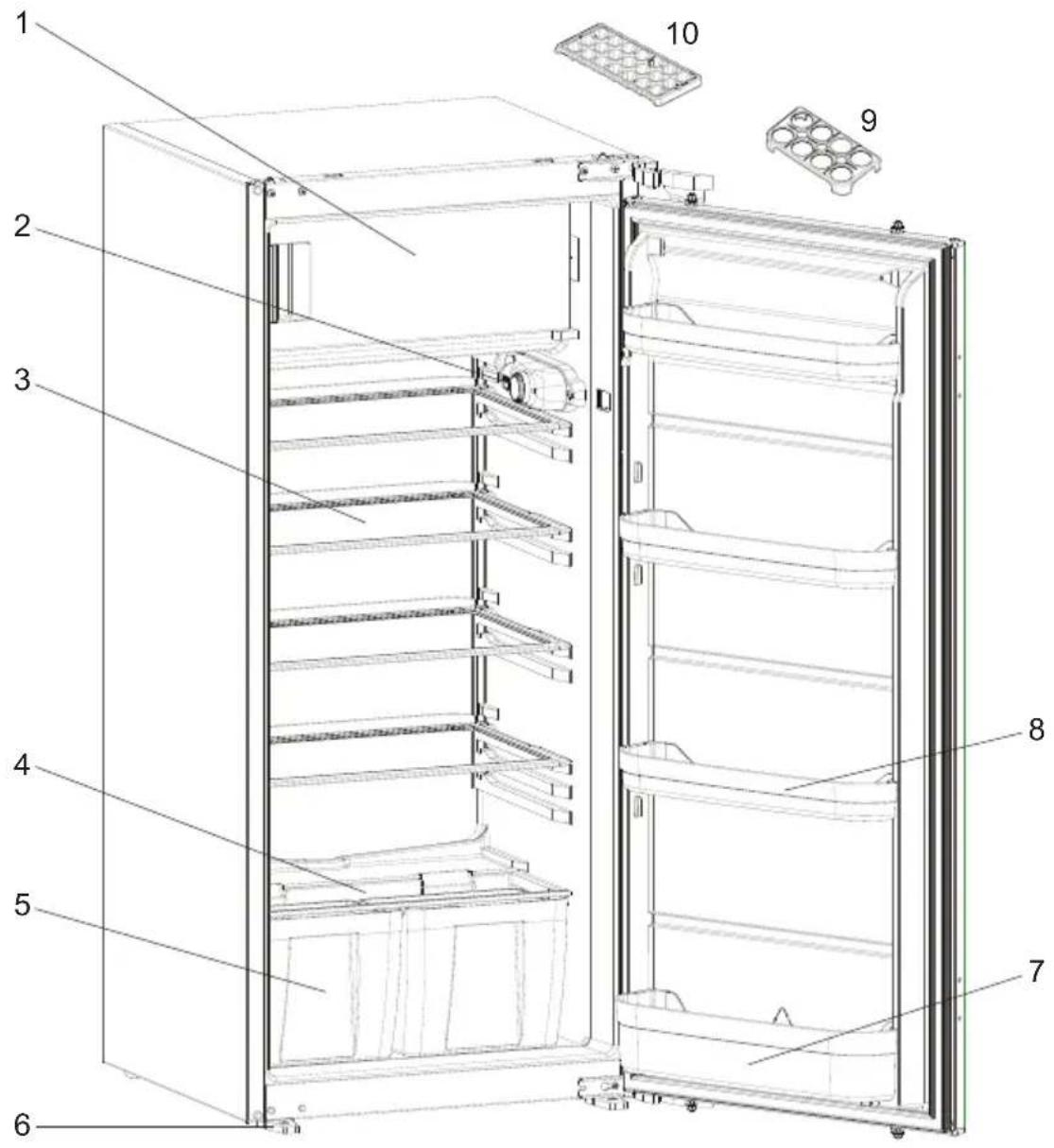 Technical diagram of a refrigerator with numbered parts for identification and assembly reference
