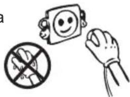 Safety warning illustration showing a smiling face, a crossed-out hand holding a sign, and a hand waving.