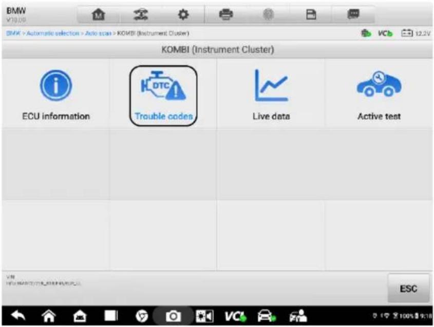 BMW V10.09 BMW > Automatic selection > Auto scan > KOMBI (Instrument Cluster) KOMBI (Instrument Cluster) ECU information Trouble codes Live data Active test ESC