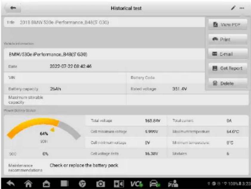 Historical test Title 2018 BMW 530e iPerformance_B48(S' G30) Vehicle information BMW/530e iPerformance_B48(S' G30) Date 2022-07-22 08:42:46 VIN Battery capacity 26Ah Battery Code Rated voltage 351.4V Maximum storable capacity Power Battery Status 64% 90H Total voltage 163.84V Total current 0A Cell maximum voltage 9.999V Maximum temperature 54.0°C Cell minimum voltage [V] Minimum temperature: 0°C 90C 0% Cell voltage data 16.38V Modules 6 Maintenance Check or replace the battery pack recommendations