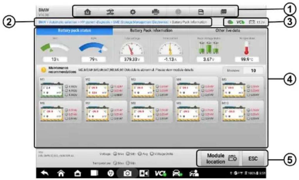 BMW V10.00 BMM > Automatic selector > HV system diagnosis > SME (Storage Management Electronics) > Battery Pack Information Battery pack status Battery Pack Information Other live data 13% 79% 379.33V -1.13A 3.67V 99.9°C Maintenance recommendations M2,M5,M6,M7,M8 M0,M10Module is abnormal. Please view module details Modules 10 M1 M2 M3 M4 M5 M6 M7 M8 M9 M10 0.0kW 0.0kW 0.0kW 0.0kW 0.0kW 0.0kW 0.0kW 0.0kW 0.0kW 0.0kW 0.0kW 0.0kW 0.0kW 0.0kW 0.0kW 0.0kW 0.0kW Module location ESC