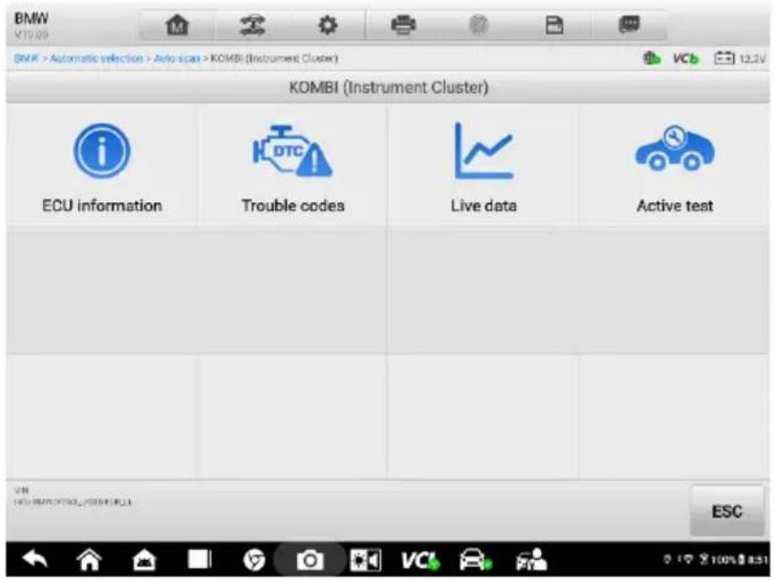 BMW K19.09 BMW > Automatic selection > Auto scan > KOMBI (Instrument Cluster) KOMBI (Instrument Cluster) ECU information Trouble codes Live data Active test ESC