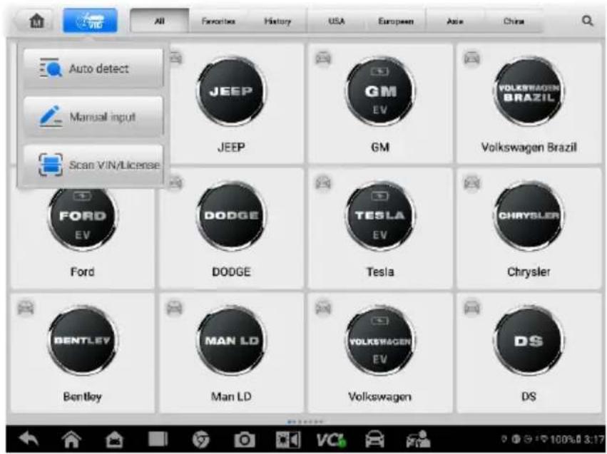 Auto detect Manual input Scan VIN/License JEEP JEEP GM Volkswagen Brazil Ford DODGE Tesla Chrysler BENTLEY Man LD Volkswagen DS Bentloy Man LD Volkswagen DS