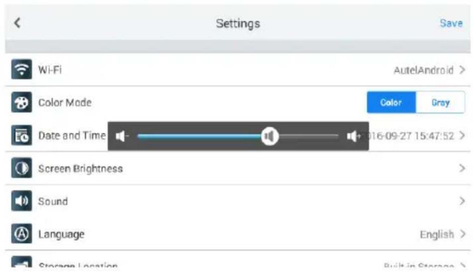 Settings Wi-Fi Color Mode Date and Time Screen Brightness Sound Language Storage Location AutelAndroid > Color Gray 016-09-27 15:47:52 > English >
