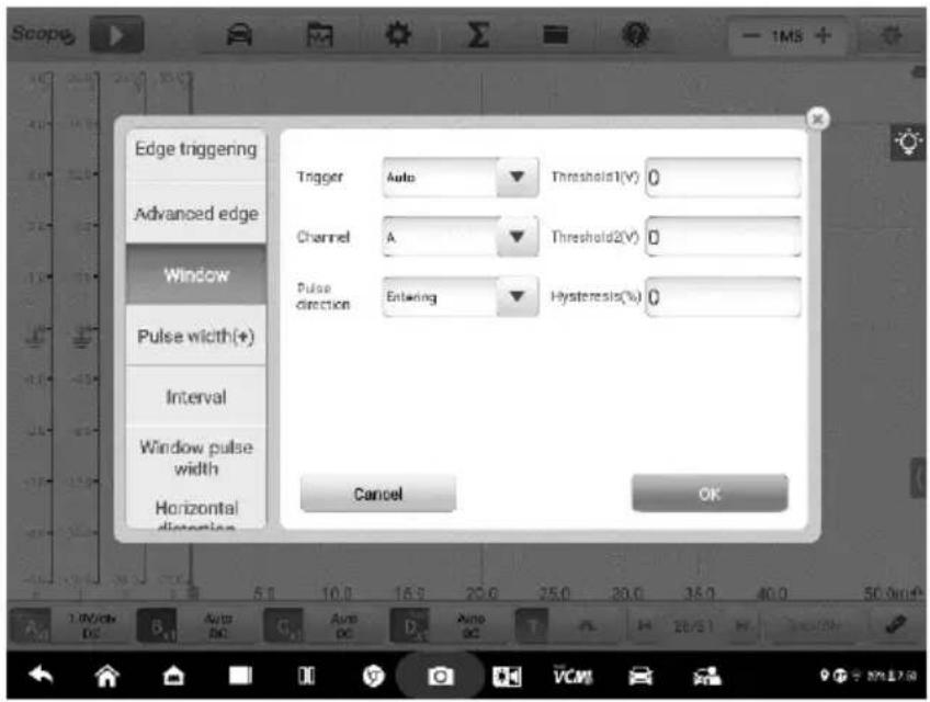 Edge triggering Advanced edge Window Pulse width(+) Interval Window pulse width Horizontal Trigger Auto Threshold1(V) 0 Channel A Threshold2(V) 0 Pulse direction Entering Hysteresis(%) 0 Cancel OK