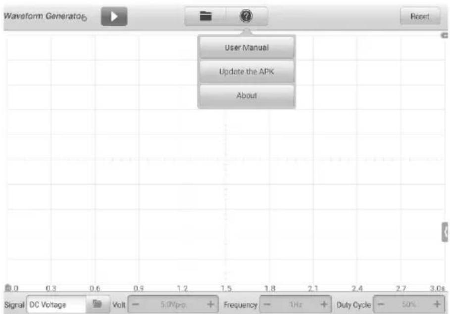 Waveform Generator User Manual Update the APK About Signal DC Voltage Volt - 5.0Vpro + Frequency - 1Hz + Duty Cycle - 50% + Reset