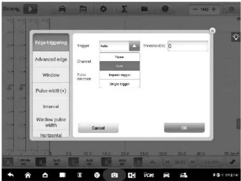 Scope Edge triggering Advanced edge Window Pulse width(+) Interval Window pulse width Horizontal Trigger Auto Threshold(V) 0 Channel None Auto Pulse direction Repeat trigger Single trigger Cancel OK