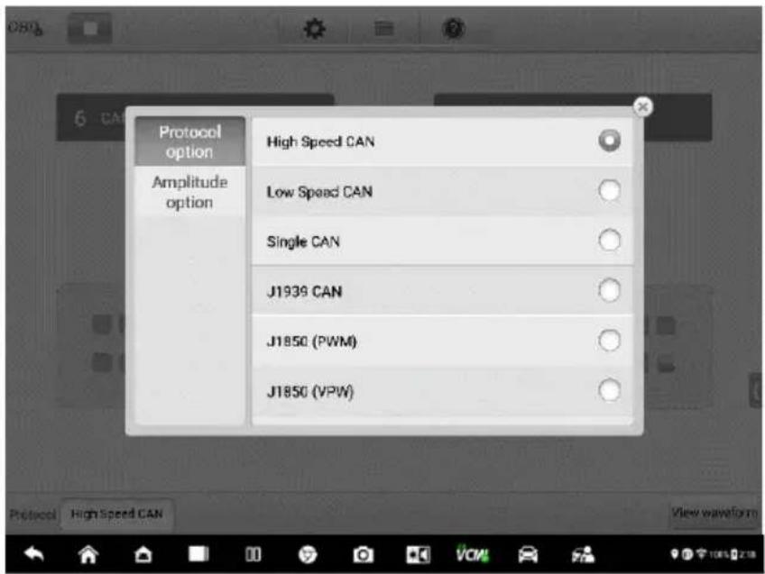 Protocol option Amplitude option High Speed CAN Low Speed CAN Single CAN J1939 CAN J1850 (PWM) J1850 (VPW)