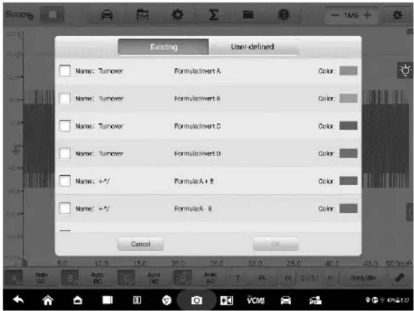Existing User-defined Name: Turnover FormulaInvert A Color: Name: Turnover FormulaInvert B Color: Name: Turnover FormulaInvert C Color: Name: Turnover FormulaInvert D Color: Name: +/− FormulaA + B Color: Name: +/− FormulaA - B Color: Cancel OK