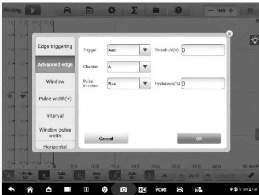 Edge triggering Advanced edge Window Pulse width(+) Interval Window pulse width Horizontal Trigger Auto Threshold(V) 0 Channel A Pulse direction Rise Hysteresis(%) 0 Cancel OK