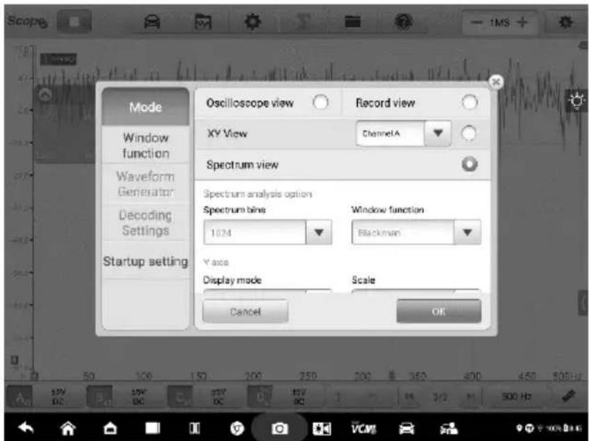 Scope Mode Window function Waveform Generator Decoding Settings Startup setting Oscilloscope view Record view XY View ChannelA Spectrum view Spectrum analysis option Spectrum bins Window function 1024 Blackman Y axis Display mode Scale Cancel OK