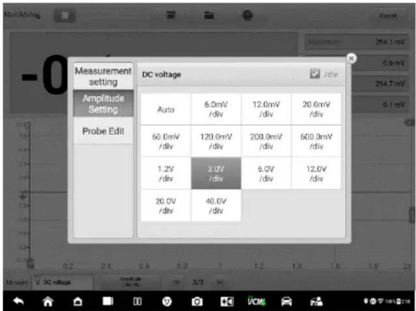 Measurement setting Amplitude Setting Probe Edit DC voltage Auto 6.0mV /div 12.0mV /div 20.0mV /div 60.0mV /div 120.0mV /div 200.0mV /div 600.0mV /div 1.2V /div 2.0V /div 6.0V /div 12.0V /div 20.0V /div 40.0V /div