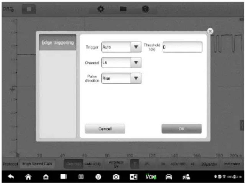 Edge triggering Trigger Auto Threshold 1(V) 0 Channel L6 Pulse direction Rise Cancel OK Protocol High Speed CAN CAN/REF CAN/LN/AV Amplitude SV VCM 20µs/div Indicator