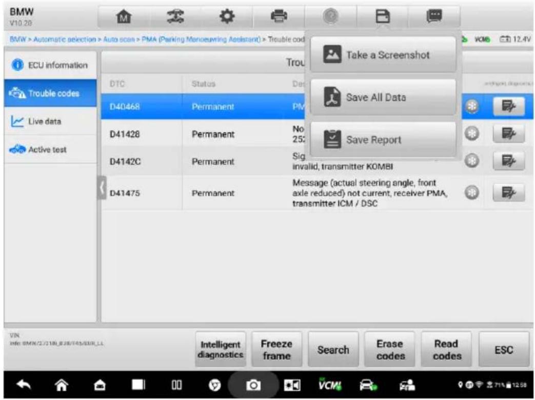 BMW V10.28 BMW > Automatic selection > Auto scan > PMA (Parking Manoeuvring Assistant) > Trouble cod Take a Screenshot ECU information Trouble codes Live data Active test DTC Status Det D40468 Permanent PM D41428 Permanent No: 25: D4142C Permanent Sig Invalid, transmitter KOMBI D41475 Permanent(Message (actual steering angle, front axle reduced) not current, receiver PMA, transmitter ICM / DSC Save All Data Save Report VIN Info: BMW/2/100_B38/T45/EUR_LL Intelligent diagnostics Freeze frame(Search Erase codes.Read codes ESC