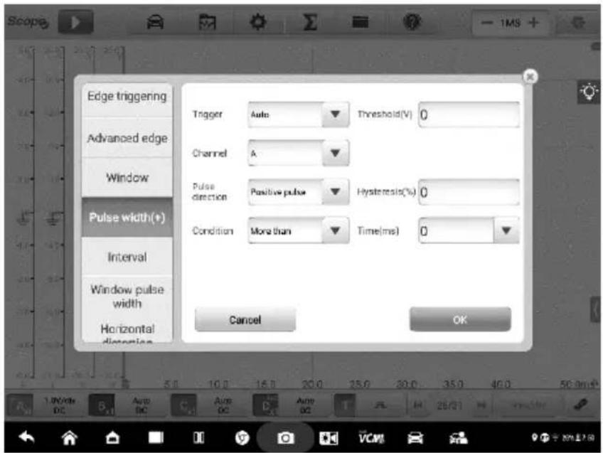 Edge triggering Advanced edge Window Pulse width(+) Interval Window pulse width Horizontal Trigger Auto Threshold(V) 0 Channel A Pulse direction Positive pulse Hysteresis(%) 0 Condition More than Time(ms) 0 Cancel OK