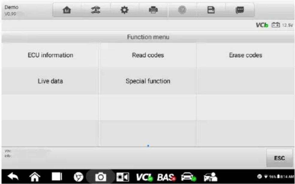 Demo V0.99 Function menu ECU information Read codes Erase codes Live data Special function VIN: Info: ESC