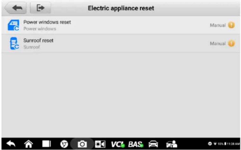 Electric appliance reset Power windows reset Power windows Sunroof reset Sunroof Manual Manual 93% 11:28 AM