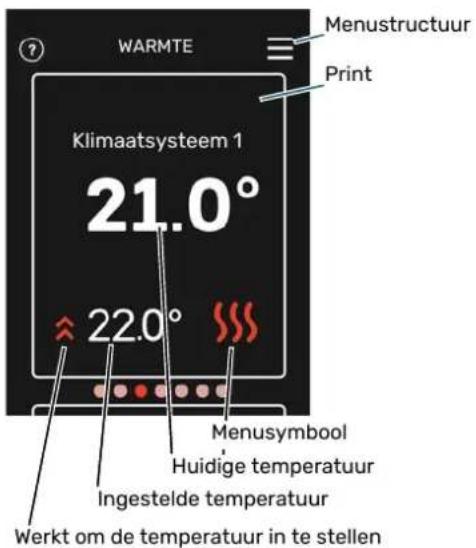 WARMTE Klimaatsysteem 1 21.0° 22.0° Menustructuur Print Menusymbool Huidige temperatuur Ingestelde temperatuur Werkt om de temperatuur in te stellen