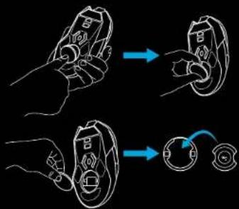 Diagram showing two-step hand manipulation of a device, with blue arrows indicating the process.