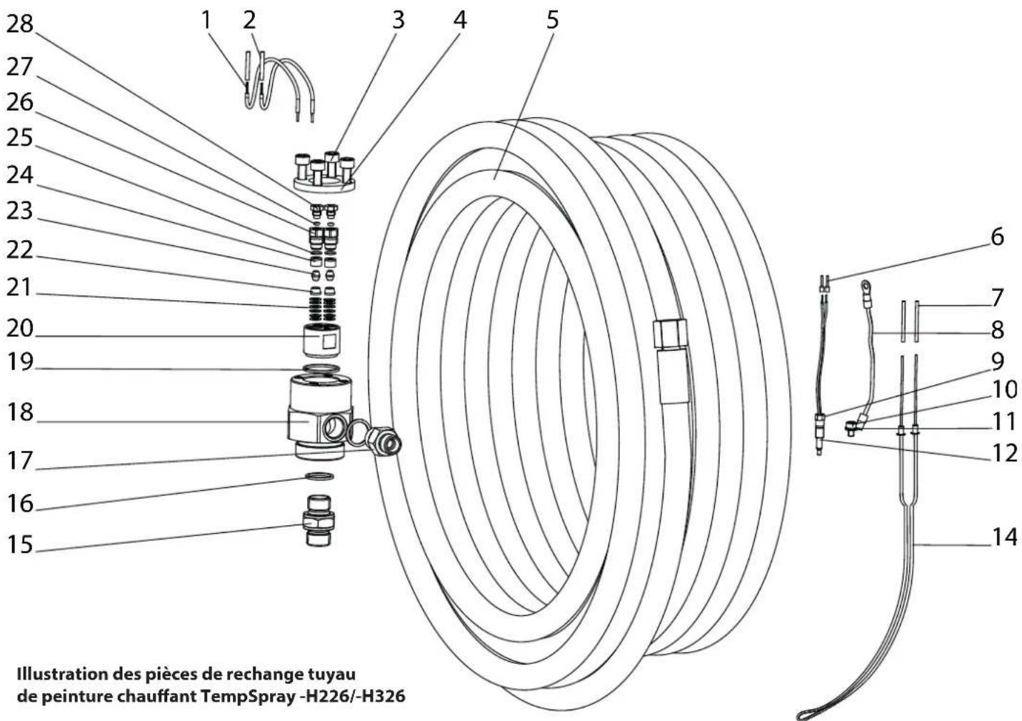 Illustration des pièces de rechange tuyau de peinture chauffant TempSpray -H226/-H326