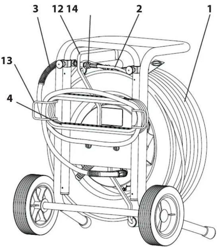 Technical diagram of a mechanical device with numbered parts labeled 1 to 14