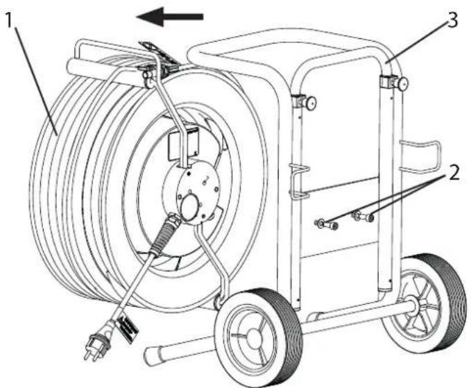 Technical diagram of a mechanical device with labeled parts, showing a coiled cable and motor assembly.