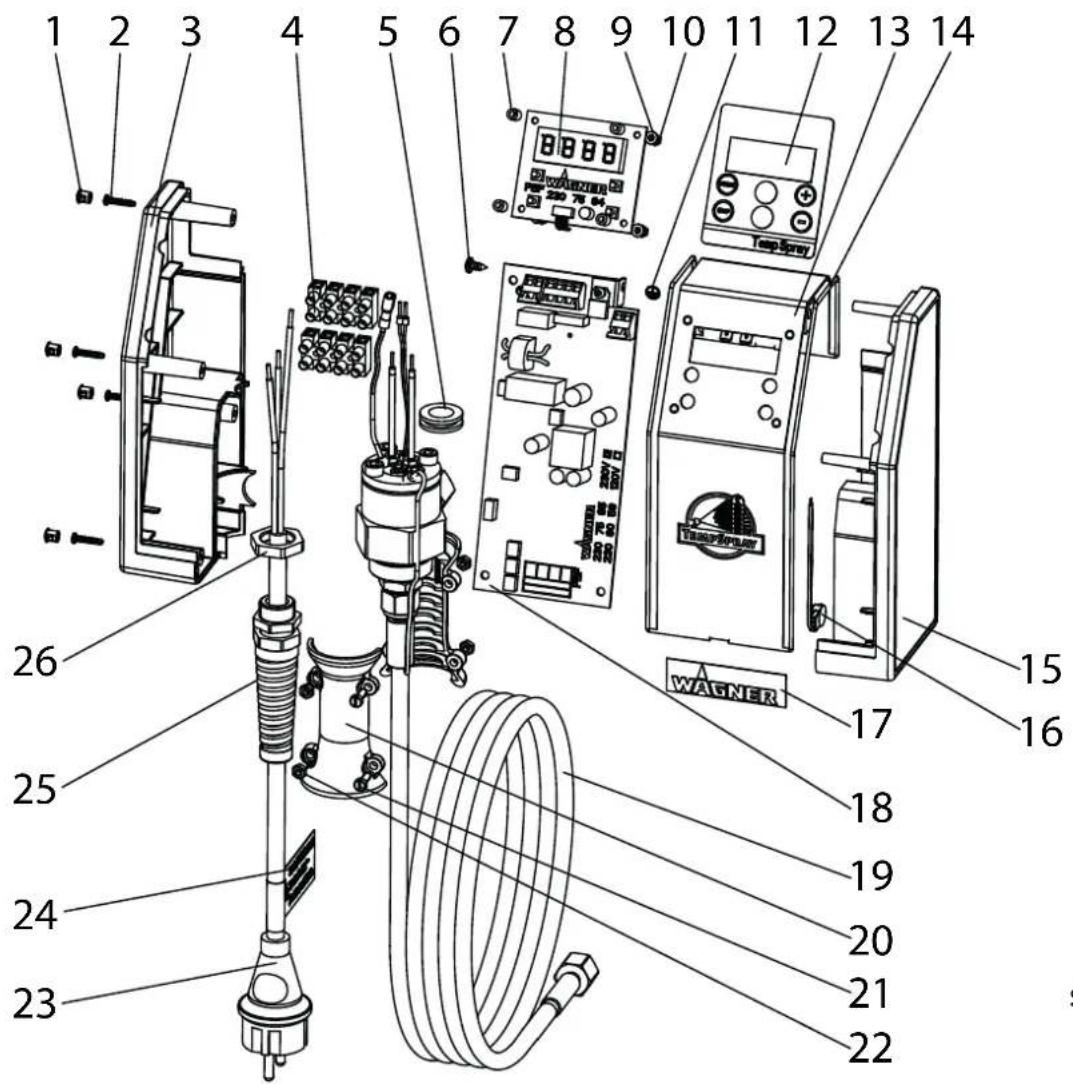 Exploded view diagram of a mechanical device with numbered parts and labeled components like Top Spot and Wagner.