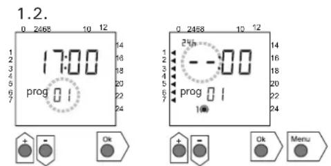 HARVIA Xenio C260 - Löschen von Zeitschalt-Programmpaaren (Abb. 6) Drücken Sie [Menu], um das Einstellungsmenü zu öffnen. Drücken Sie vier Mal [Ok], um die Uhrzeit- und Wochentagseinstellungen zu überspringen. - 1