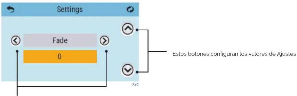 Settings Fade 0 Estos botones configuran los valores de Ajustes 034