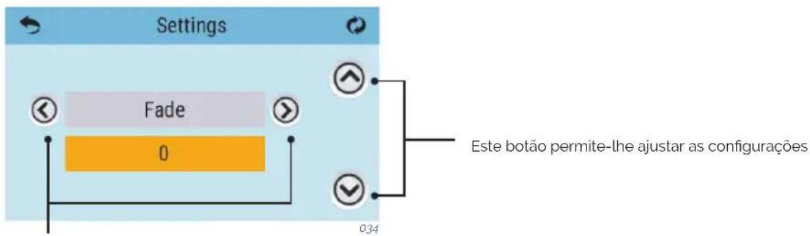 Settings Fade 0 Este botão permite-lhe ajustar as configurações 034