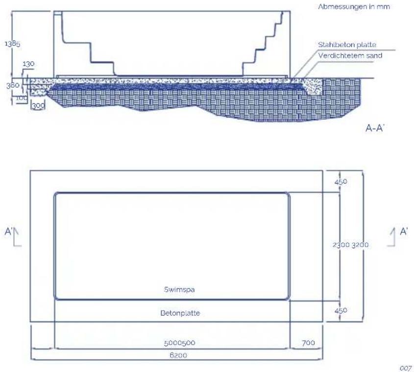 Abmessungen in mm Stahlbeton platte Verdichtetem sand 1385 130 380 100 300 A-A' 450 2300 3200 A' 5wimspa Detonplatte 450 5000500 700 6200 007