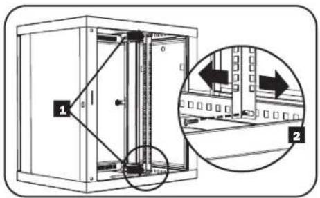 Technical diagram of a server rack with labeled components and an inset showing internal structure with arrows indicating movement or assembly.