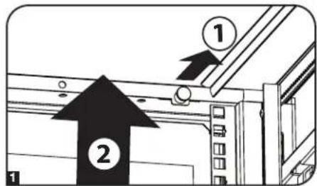 Diagram showing two labeled components (1 and 2) with arrows pointing to a structure, likely illustrating a mechanical or architectural assembly.