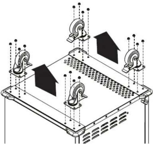 Tripp Lite CSC36DM - Enlever les 16 écrous de la bride retenant les roulettes et les mettre de côté pour être utilisées à l'étape suivante. enlever les roulettes. - 1