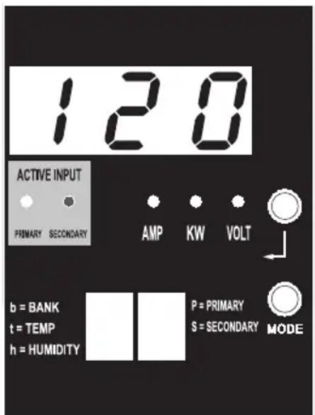 120 ACTIVE INPUT PRIMARY SECONDARY AMP KW VOLT b = BANK t = TEMP h = HUMIDITY P = PRIMARY S = SECONDARY MODE
