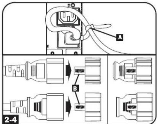 Tripp Lite PDUMNV20HV2LX - (Opcion 1 - Modelos selectos solamente) Si fijo las abrazaderas de retencion del cable, sujeta cada cable de alimentacion de cada equipo a la abrazadora de retencion. Sujete cada cable a la bandeja de retencion enrollingo el cable y asegurandolo con uno de los sujetadores de cable incluidos A. Asegürese de que cada能把 ser desenchufado del PDU sin quitar el sujetador del cable. - 3