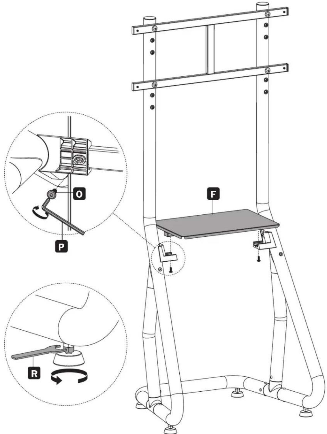 Technical diagram of a mechanical device with labeled parts and rotation indicators for mechanical assembly.