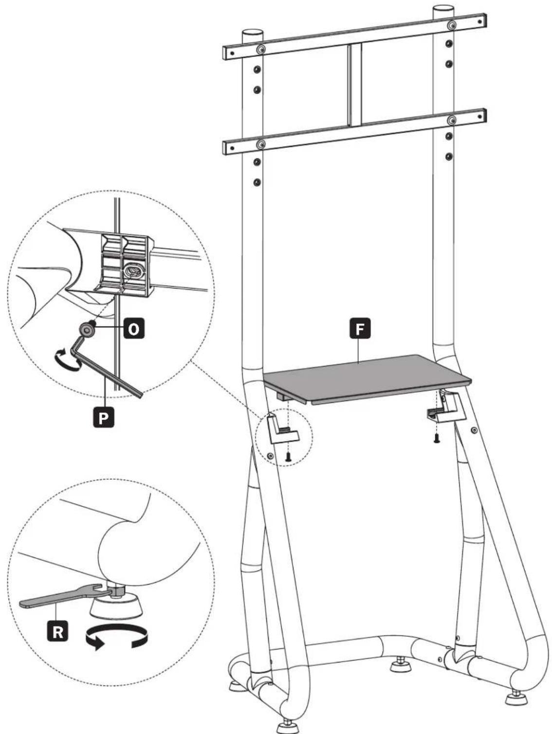 Technical diagram of a mechanical device with labeled parts and rotation indicators for mechanical assembly.
