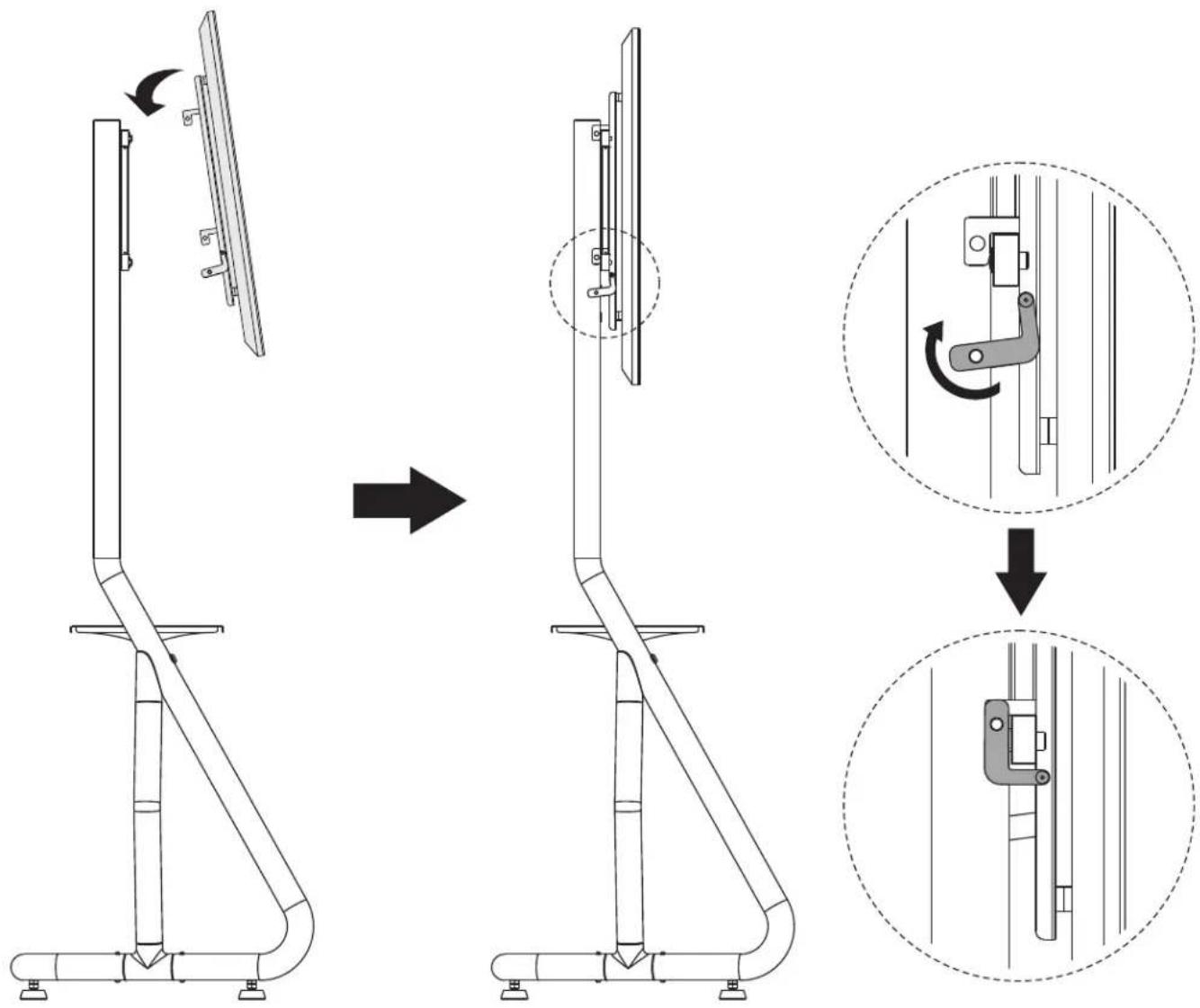 Technical diagram illustrating the step-by-step assembly of a mechanical device, showing transformation from top to side views with labeled components.