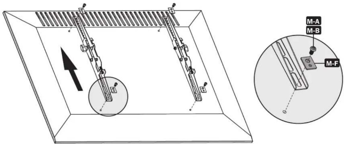 Technical diagram showing mechanical assembly with labeled components M-A, M-B, and M-F, including an arrow indicating direction.