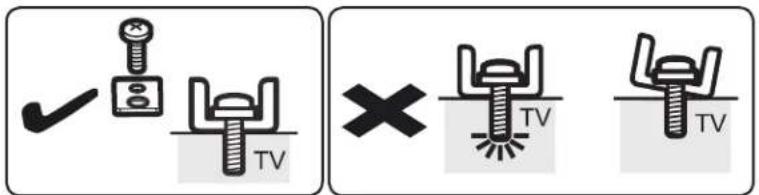 Diagram showing two types of TV (TV) screw installation symbols: one with a checkmark and the other with an X symbol.