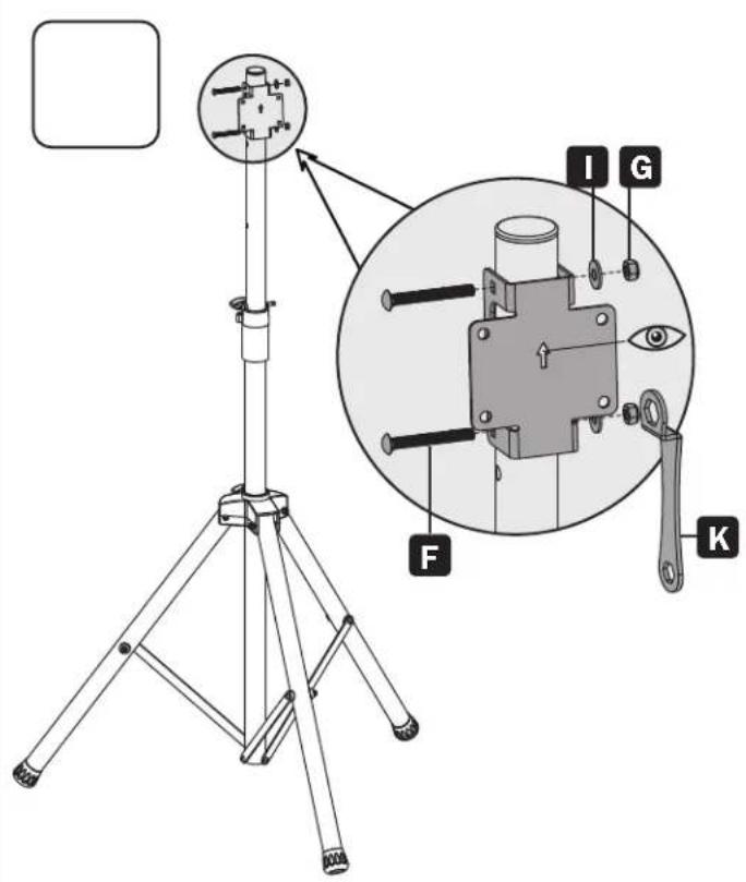 Technical diagram of a tripod-mounted device with labeled components and an inset close-up showing internal components like I, G, F, and K.