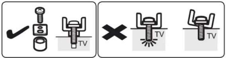 Technical diagram showing bolt and screw assembly symbols with checkmark and cross icons labeled TV