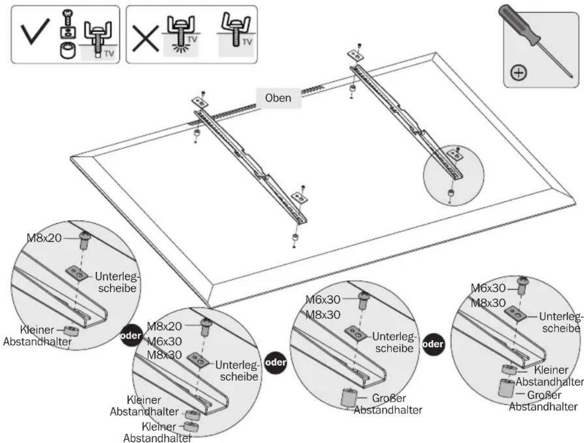 Oben M8x20 Unterleg- scheibe oder M8x20 M6x30 M8x30 Unterleg- scheibe oder M6x30 M8x30 Unterleg- scheibe oder M6x30 M8x30 Unterleg- scheibe oder Kleiner Abstandhalter Kleiner Abstandhalter Großer Abstandhalter Kleiner Abstandhalter Großer Abstandhalter