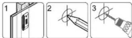 Diagram showing three-step installation steps: door opening, screwdriver insertion, and wire-wrapped tool installation.